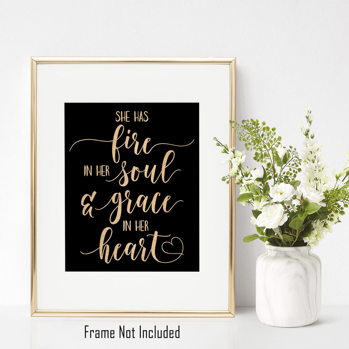 Brooke & Vine Inspirational Women Teen Girls Room Wall Decor Art Prints (UNFRAMED 8 x 10) Gift of Motivational Quote Posters Office Bedroom (She Has Fire In Her Soul - Black and Gold)