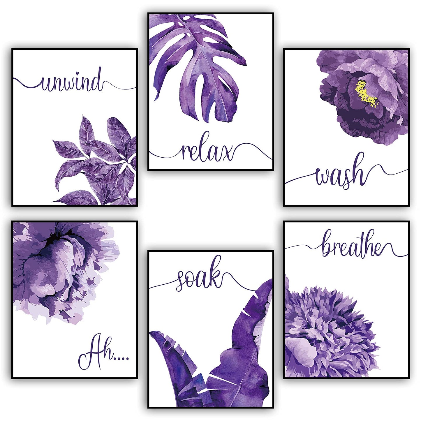 6 Pieces Purple Wall Art Decor Relax Soak Wash Breathe Unwind Bathroom Decor Unframed Flower Poster Prints Photos Farmhouse Wall Painting Decor for Home Bathroom Washroom, 8 x 10 Inch (Purple)