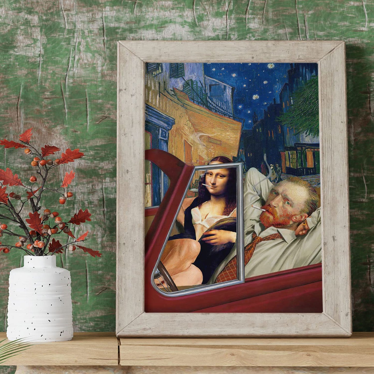 Van Gogh Starry Night Wall Decor - Mona Lisa Posters Wall Art - Funny Posters - Gag Gifts - Cool Edgy Poster - Van Gogh & Mona Lisa Driving Red Sports Car - Vintage Landscape Wall Art, 8x10" Unframed