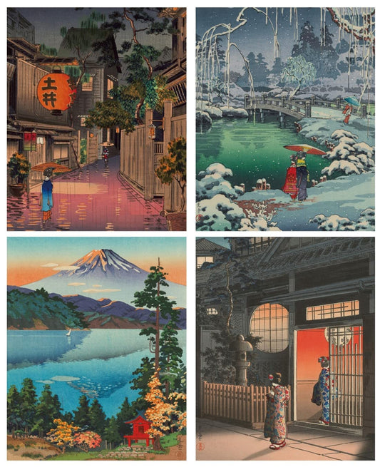 MINI ZOZI Japanese Wall Art Room Decor 8x10 4pcs Traditional Tsuchiya Koitsu Artwork Ukiyoe Paintings Aesthetic Asian Vintage Retro Posters Picture Prints Cool Cute Poster Colorful UNFRAMED Japan