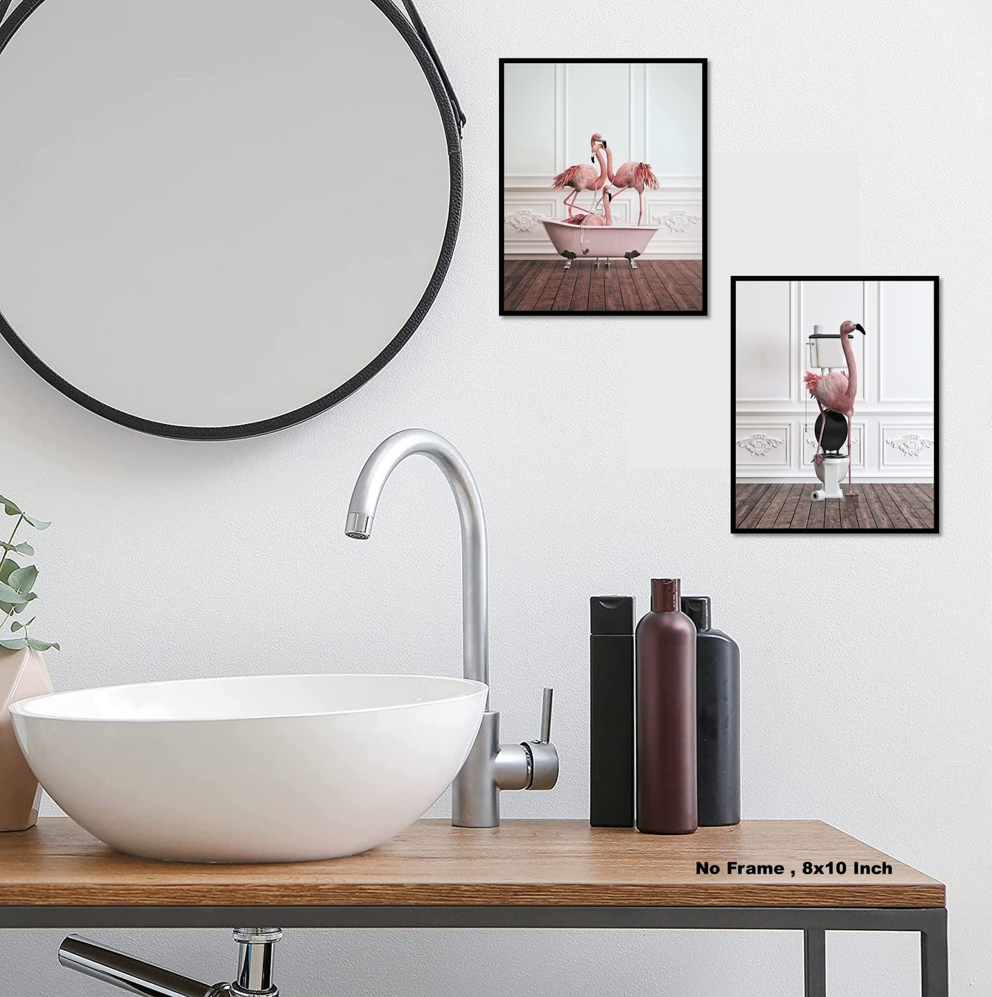 Funny Bathroom Flamingo Wall Art – Unframed Set of 2 (8 x 10 Inch) – Flamingos Pink Room Decor, Bathroom Wall Decor, Kids Bathroom Decor, Animal Flamingos Pictures Posters for Funny Bathroom and