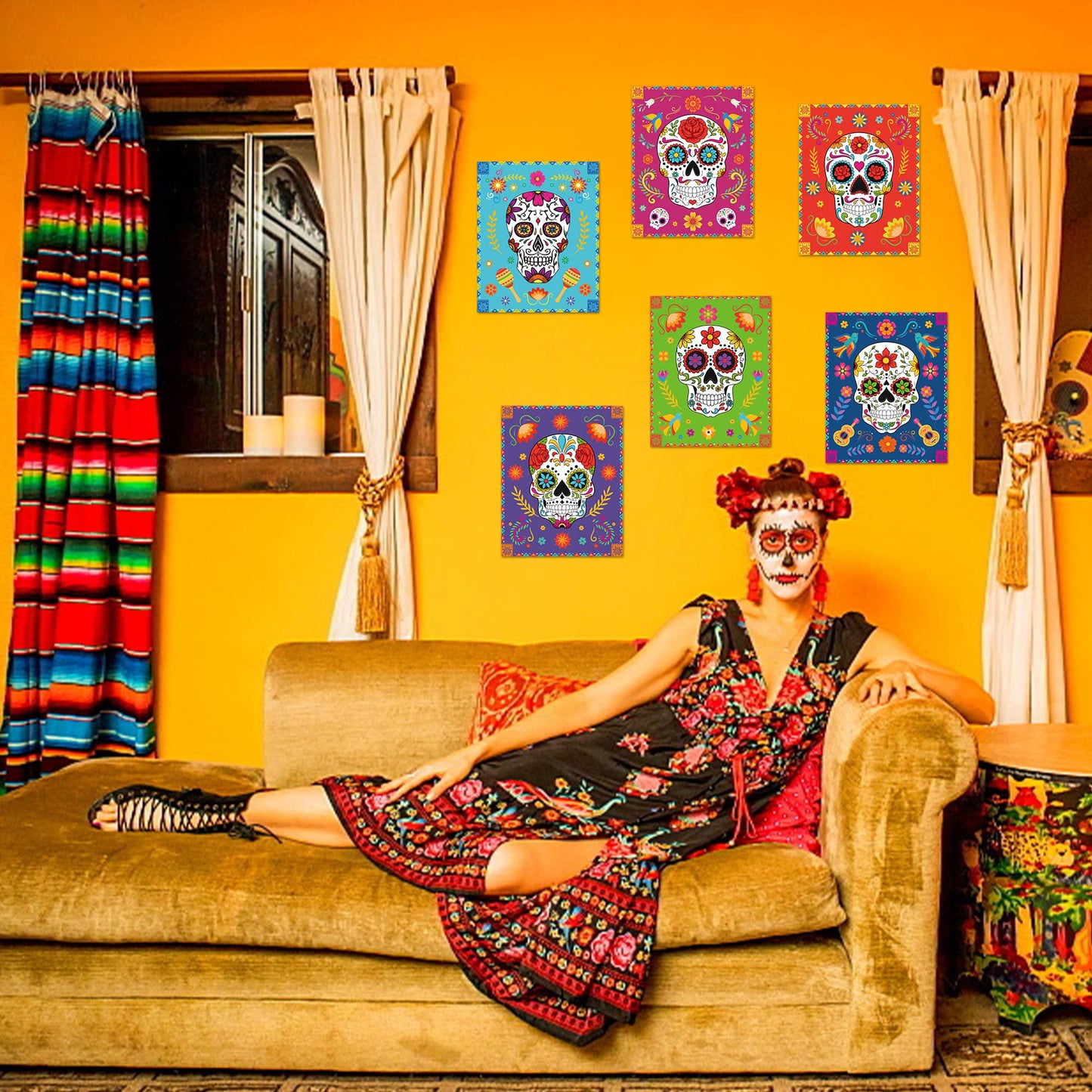 Haooryx 9Pcs Day Of The Dead Wall Art Poster Print Decoration, Mexican Day of The Dead Fiesta Party Sugar Skull Decor HD Printed Art Prints Poster for Home Living Room Bedroom Office Home Wall Decor