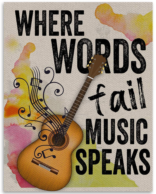 Where Words Fail Music Speaks Poster, Music Posters Room, Modern Home Decor, Guitar Canvas Wall Art, Perfect Gift for Musicians, Inspirational Quotes Wall Art,11x14 Inch Unframe Posters