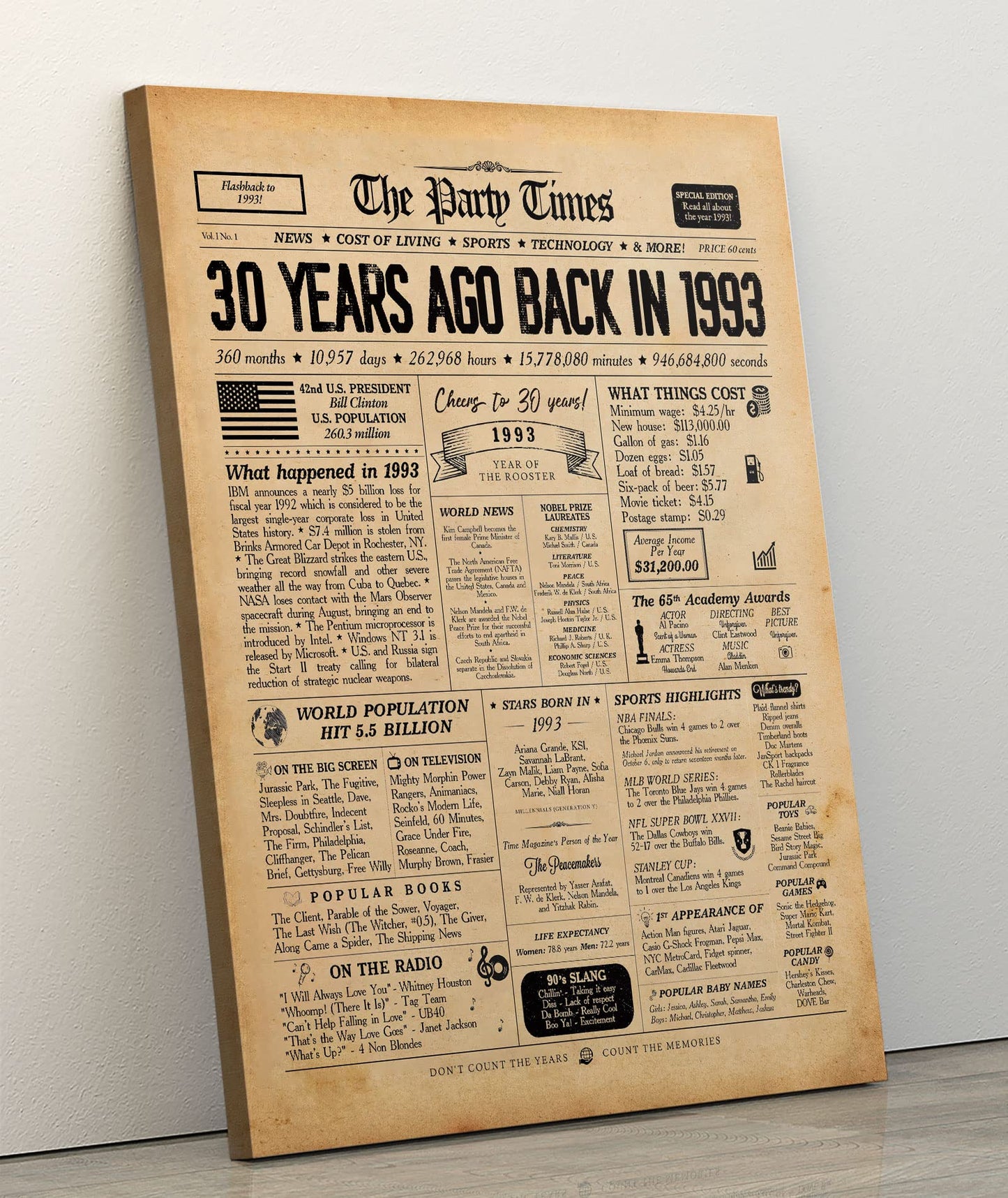 30th Birthday Newspaper Wall Art Canvas Poster Decorative with Frame (11.5×15 inch), Back in 1993 Print 1993 birthday poster Vintage 30th Birthday Decorations Poster for Home Wall Decor, SRZT30S