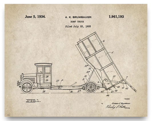 Dump Truck Patent Poster Art Print 11X14 Wall Decor Picture Vintage Construction Heavy Equipment