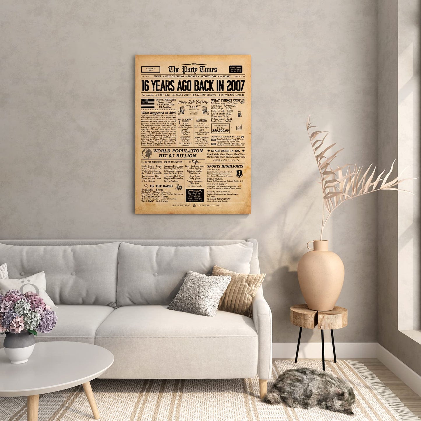 16th Birthday Newspaper Wall Art Canvas Poster Decorative with Frame (11.5×15 inch), Back in 2007 Print 2007 birthday poster Vintage 16th Birthday Decorations Poster for Teens Home Wall Decor, SRZT16S