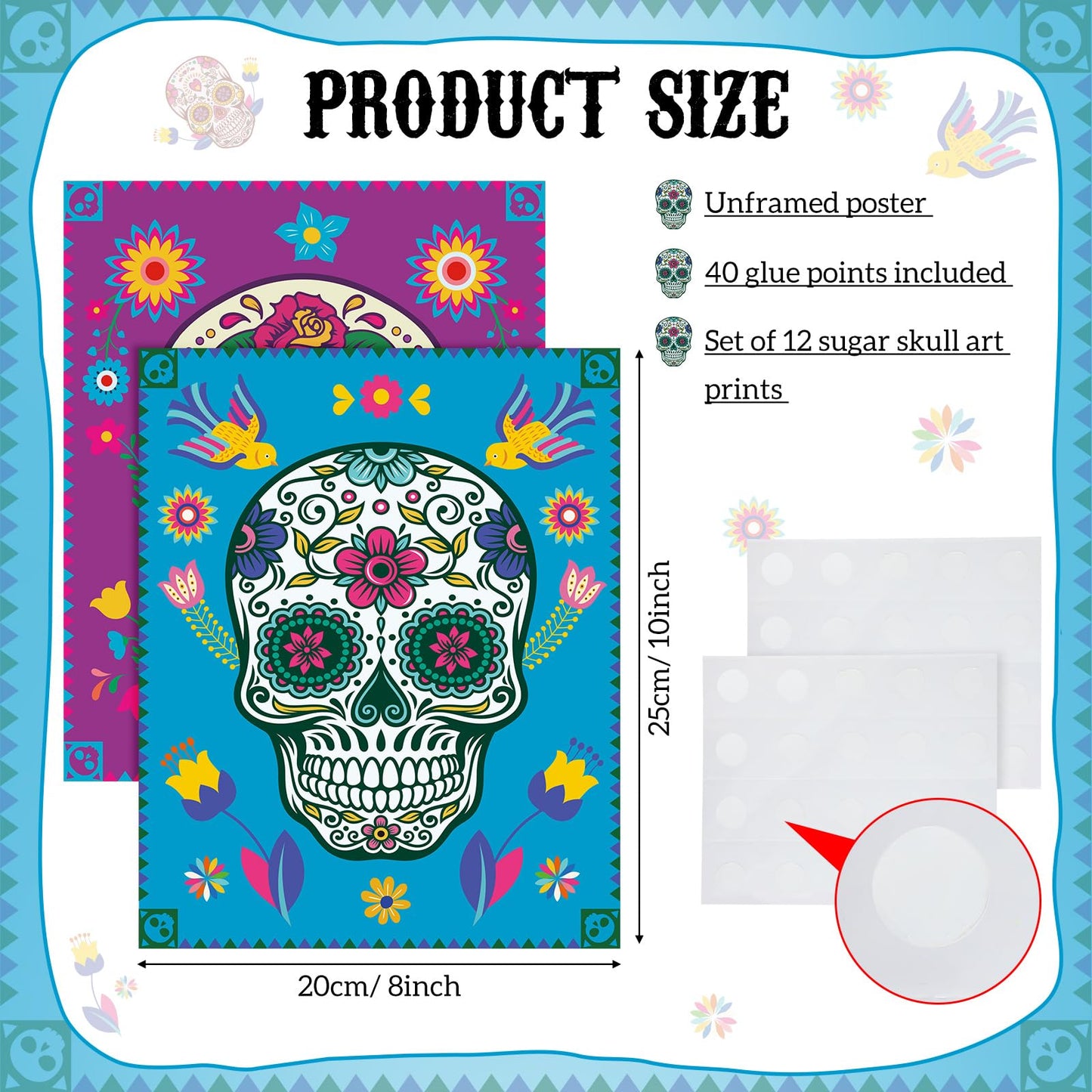 Clabby 12 Pieces Sugar Skull Decor Art Prints Day of the Dead Poster Dia De Muertos Skulls Wall Mexican Theme for Halloween Fiesta Office Party Home Decor, White