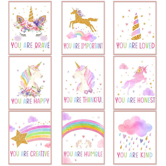 Zonon 9 Pieces Unicorn Rainbow Wall Art Prints Unicorn Rainbow Motivational Posters Unframed Watercolor Unicorn Rainbow Posters for Girls Kids Bedroom Nursery Decorations