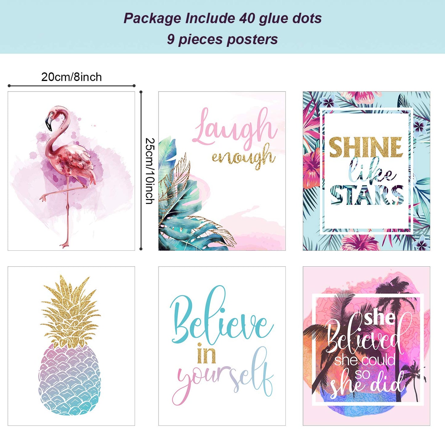 Outus Set of 9 Inspirational Prints Teen Girl Room Wall Art Flamingo Pineapple Leaf Motivational Phrases Posters Girls Bedroom Home Decorations Unframed