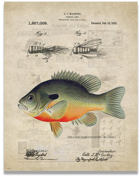 Antique Fly Fishing Lure US Patent Poster Art Print Bluegill Crappie Trout Largemouth Bass Walleye Muskie Lures Poles 11x14 Wall Decor Pictures