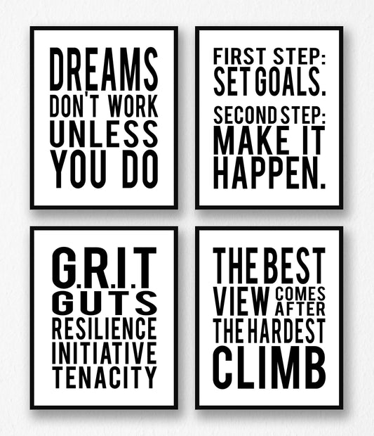 Brooke & Vine Motivational Quotes Wall Decor Posters Inspirational Wall Art Prints (UNFRAMED 8 x 10) Classroom Decorations - Office, Bedroom, Dorm, Cubicle, Gym (Goals, Grit - White Background)