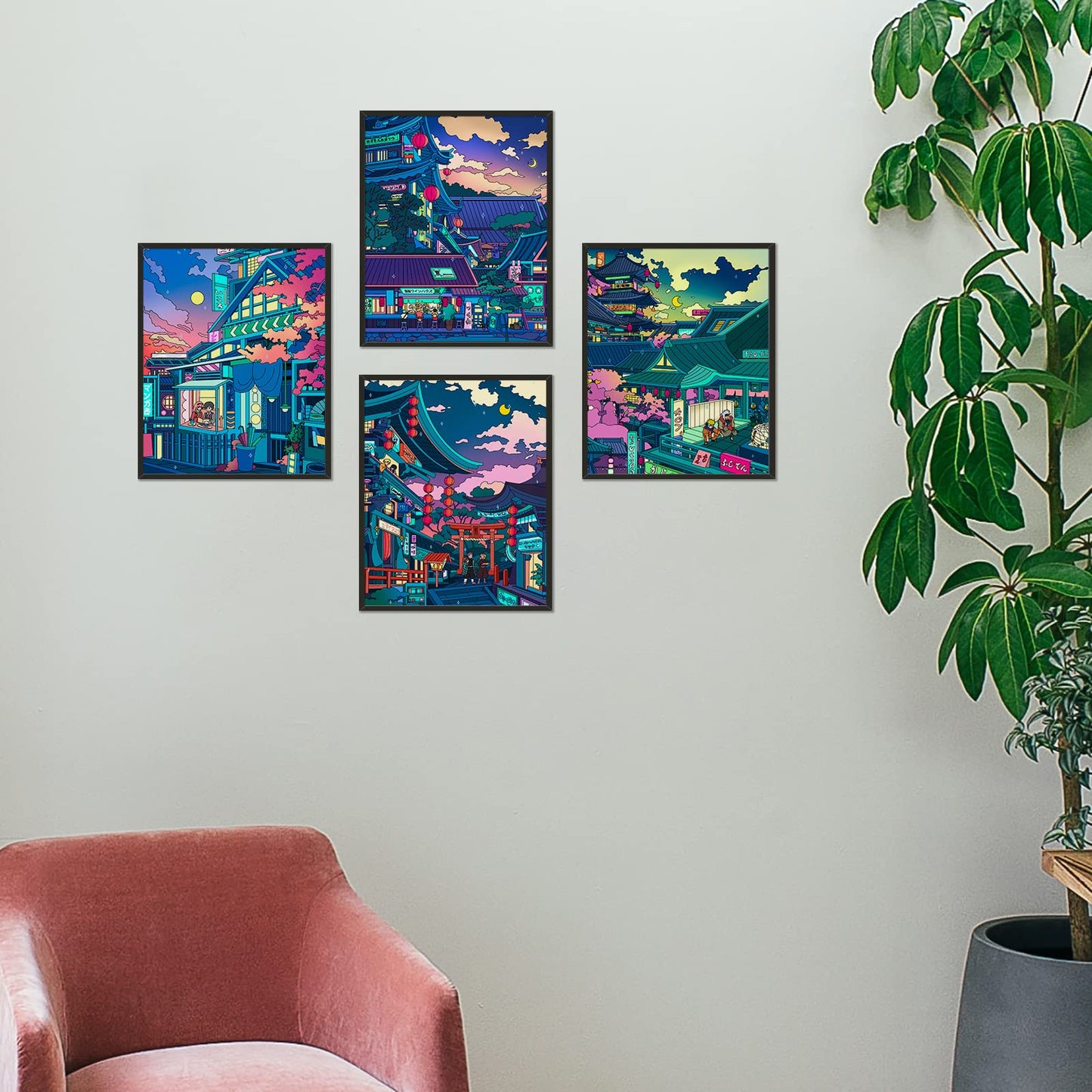 DALIHEBO Anime Poster Japanese Wall Art Decor Neon Night Scene Wall Art Gift Set of 4(8x10 in Unframed)