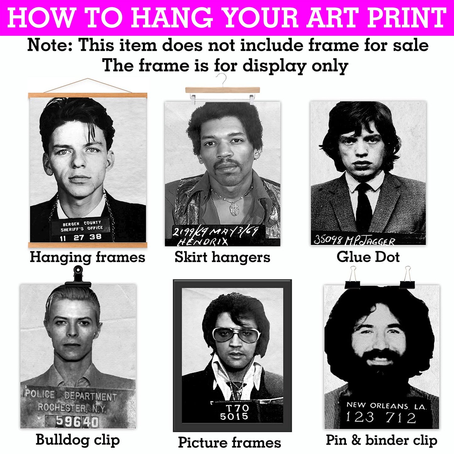 Musician Mugshot Poster - Bowie Elvis Johnny Cash Jerry Garcia Jimi Hendrix Mick Jagger Frank Sinatra David Crosby Janice Joplin - Vintage Rock Band Posters Wall Art - Set of 9 Unframed 8x10 Prints