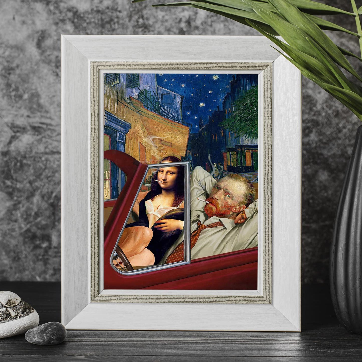 Van Gogh Starry Night Wall Decor - Mona Lisa Posters Wall Art - Funny Posters - Gag Gifts - Cool Edgy Poster - Van Gogh & Mona Lisa Driving Red Sports Car - Vintage Landscape Wall Art, 8x10" Unframed