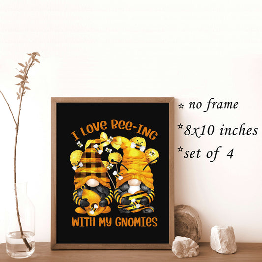 VNWEK Inspirational Quote Bee Kind Bee Happy Cute Bee Gnome Wall Art Poster Prints Unframed 8”x10”Set Of 4,Cute Bee Gnome Decorations for Home Kitchen Girls Room,Gnome Lovers Women Girls Gifts