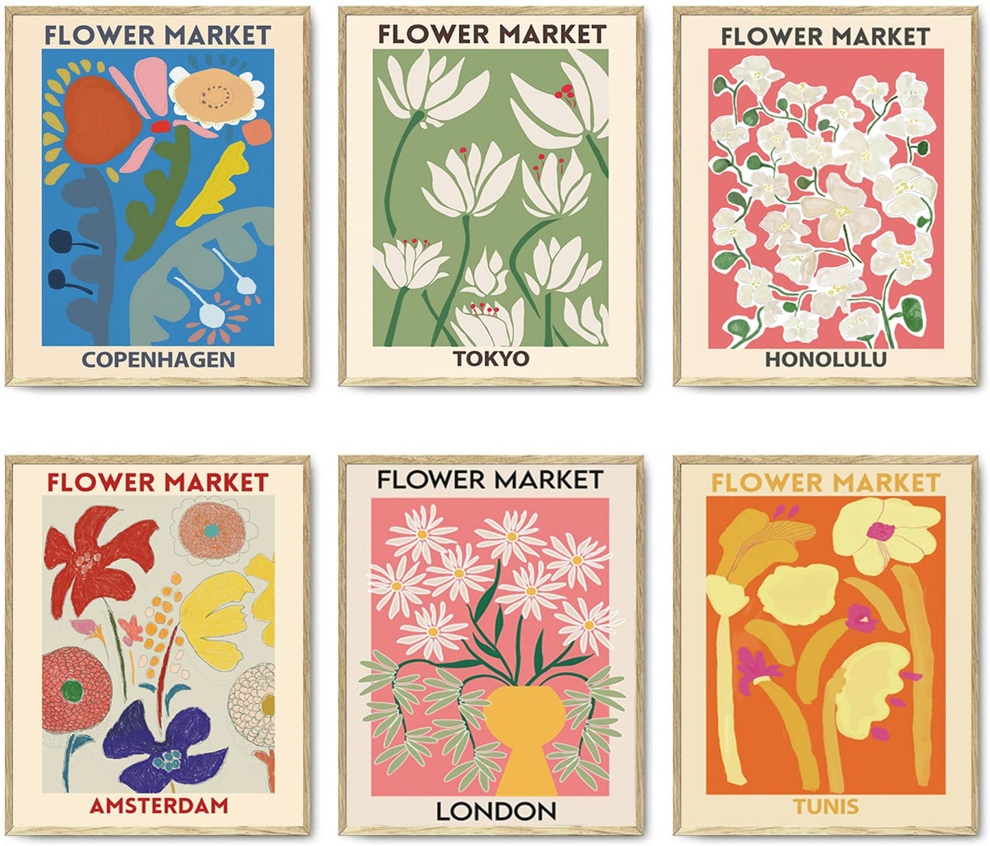 Flower Market Poster Set Of 6 ,Flower Market Wall Art Flower Market Poster London Tokyo Copenhagen Flowers Wall Art Painting Prints Flower Picture Wall Decor for Living Room Bathroom Decor Unframed