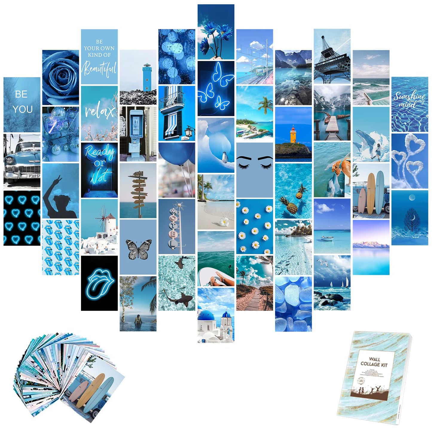 vfaejll Blue Wall Collage Kit Aesthetic Pictures 50 Set 4x6 Inch Art Photos Collage Kit for Teen Girls and Women Summer Beach Wall Prints Kit VSCO Posters for Bedroom Trendy Neon Collage Kit for Wall