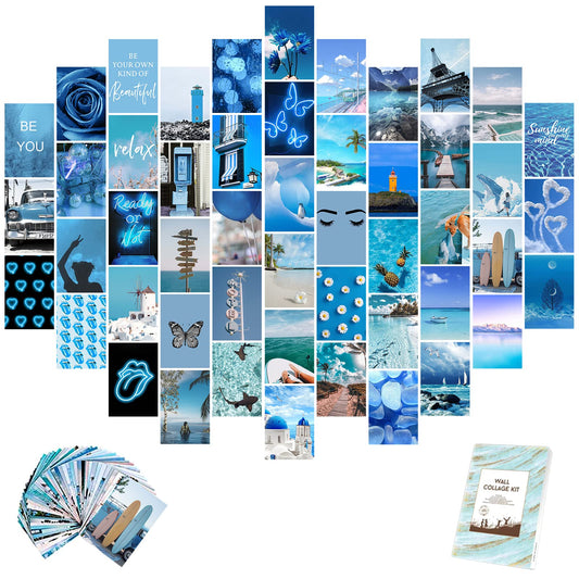 vfaejll Blue Wall Collage Kit Aesthetic Pictures 50 Set 4x6 Inch Art Photos Collage Kit for Teen Girls and Women Summer Beach Wall Prints Kit VSCO Posters for Bedroom Trendy Neon Collage Kit for Wall