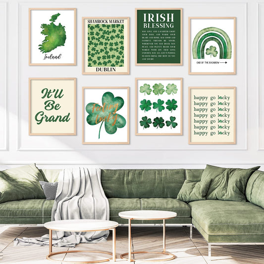 Whaline 8Pcs St Patrick's Day Wall Art Prints 8x10 Inch Watercolor Shamrock Art Poster Irish Lucky Clover Art Prints St Patrick's Day Poster for Gallery Wall Home Living Room Bedroom Decor (NO FRAME)