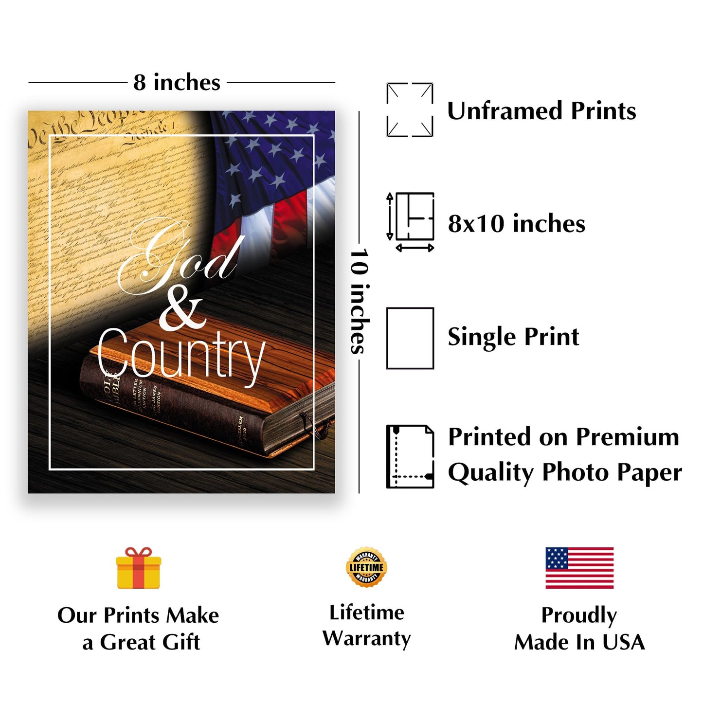 God and Country - American Flag Wall Art Poster Print With Bible, This Constitution Patriotic Wall Decor Is Ideal For a Home, Office, & Garage Decor, Show Your Love For God And USA, Unframed - 8x10"