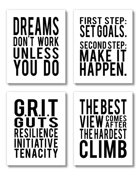 Brooke & Vine Motivational Quotes Wall Decor Posters Inspirational Wall Art Prints (UNFRAMED 8 x 10) Classroom Decorations - Office, Bedroom, Dorm, Cubicle, Gym (Goals, Grit - White Background)