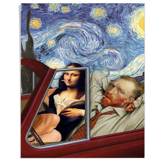 Van Gogh Starry Night Wall Decor - Mona Lisa Posters Wall Art - Funny Posters - Gag Gifts - Cool Edgy Poster - Van Gogh & Mona Lisa Driving Red Sports Car - Vintage Landscape Wall Art, 8x10" Unframed