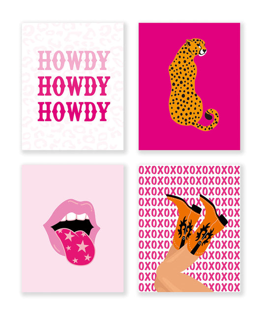 LiTiu Howdy XOXO Kisses Cowgirl Boots Lips Leopard Cheetah Preppy Hippie Hot Pink Wall Art Poster Prints Decor, 8”x10”Set Of 4, Preppy Artwork Teen Girls Gifts for Women, Decorations For Girls Room