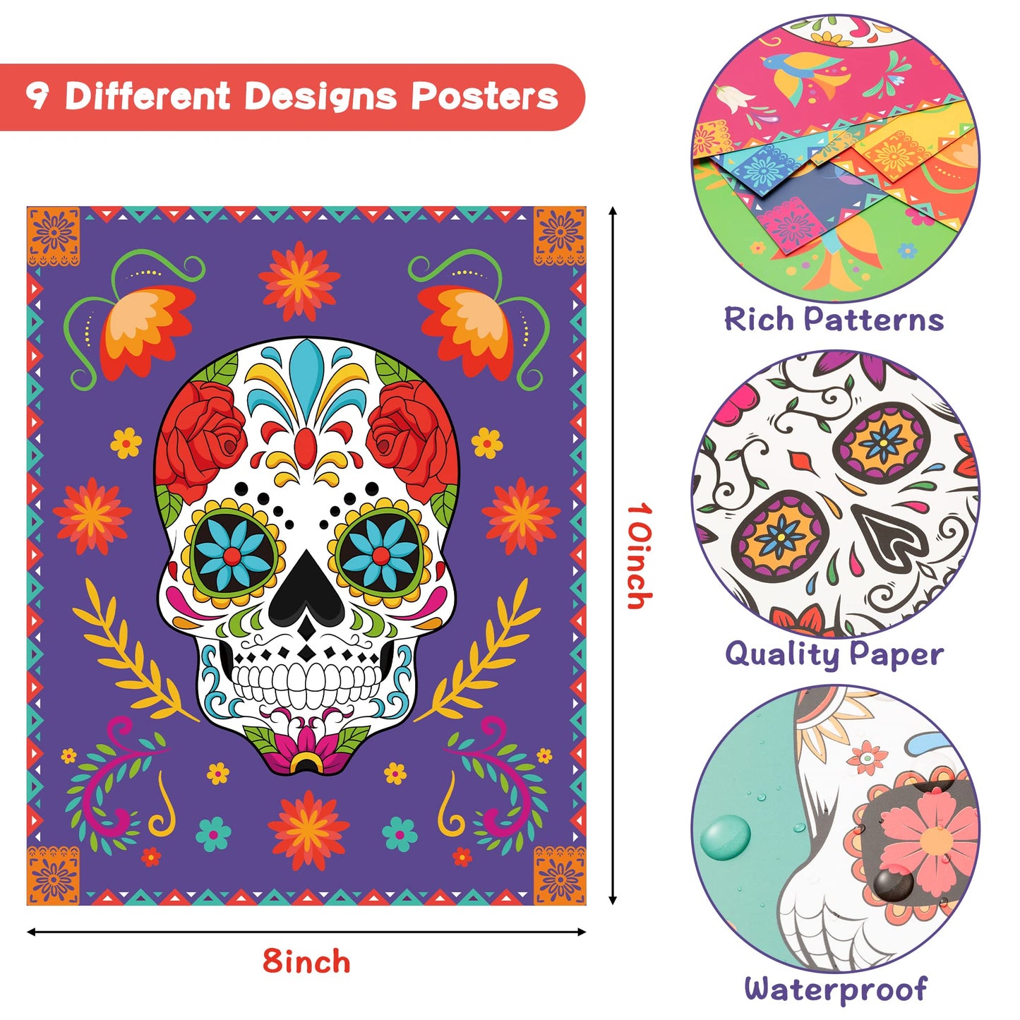 Haooryx 9Pcs Day Of The Dead Wall Art Poster Print Decoration, Mexican Day of The Dead Fiesta Party Sugar Skull Decor HD Printed Art Prints Poster for Home Living Room Bedroom Office Home Wall Decor