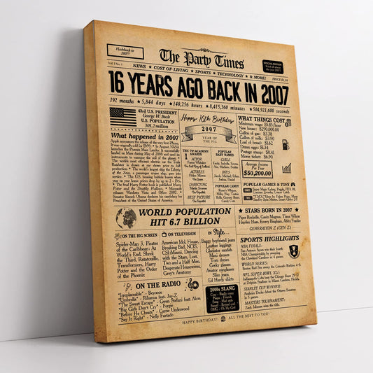 16th Birthday Newspaper Wall Art Canvas Poster Decorative with Frame (11.5×15 inch), Back in 2007 Print 2007 birthday poster Vintage 16th Birthday Decorations Poster for Teens Home Wall Decor, SRZT16S