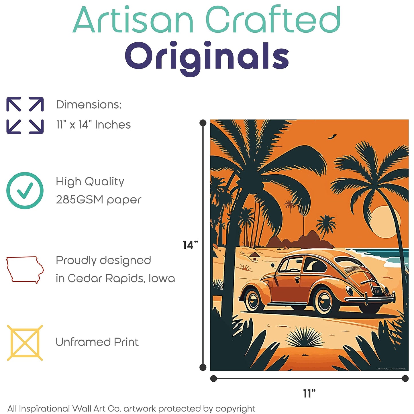 Inspirational Wall Art Co. - Orange Beetle | Retro Volkswagen Poster - Vintage Beach Poster - Beach Surf Poster - Vintage Beach Prints - Pictures For Beach House | 11x14 Inches Unframed