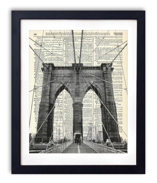 Brooklyn Bridge New York City, Vintage Dictionary Art Print, Antique Wall Art Home Decor, Modern Boho Poster, Farmhouse Decoration Living Room Bedroom Office 8x10 Inches, Ready To Frame