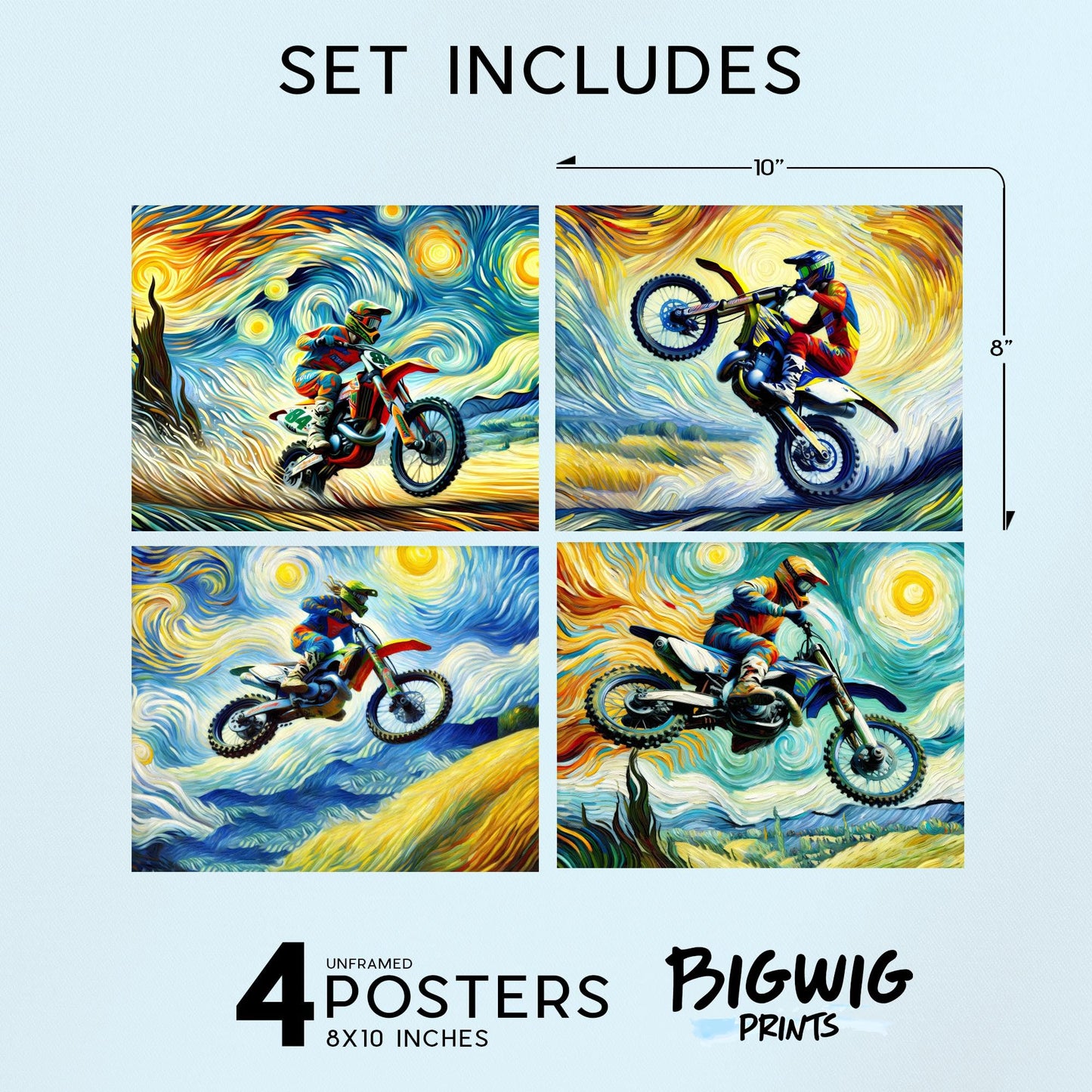 Bigwig Prints Dirt Bike Poster - Dirt Bike Posters For Boys Room, Dirt Bike Room Decor For Boys, Motocross Poster, Dirtbike Gifts, Motocross Decor, Dirt Bike Decor, Motorcross - Unframed Set Of 4 8x10