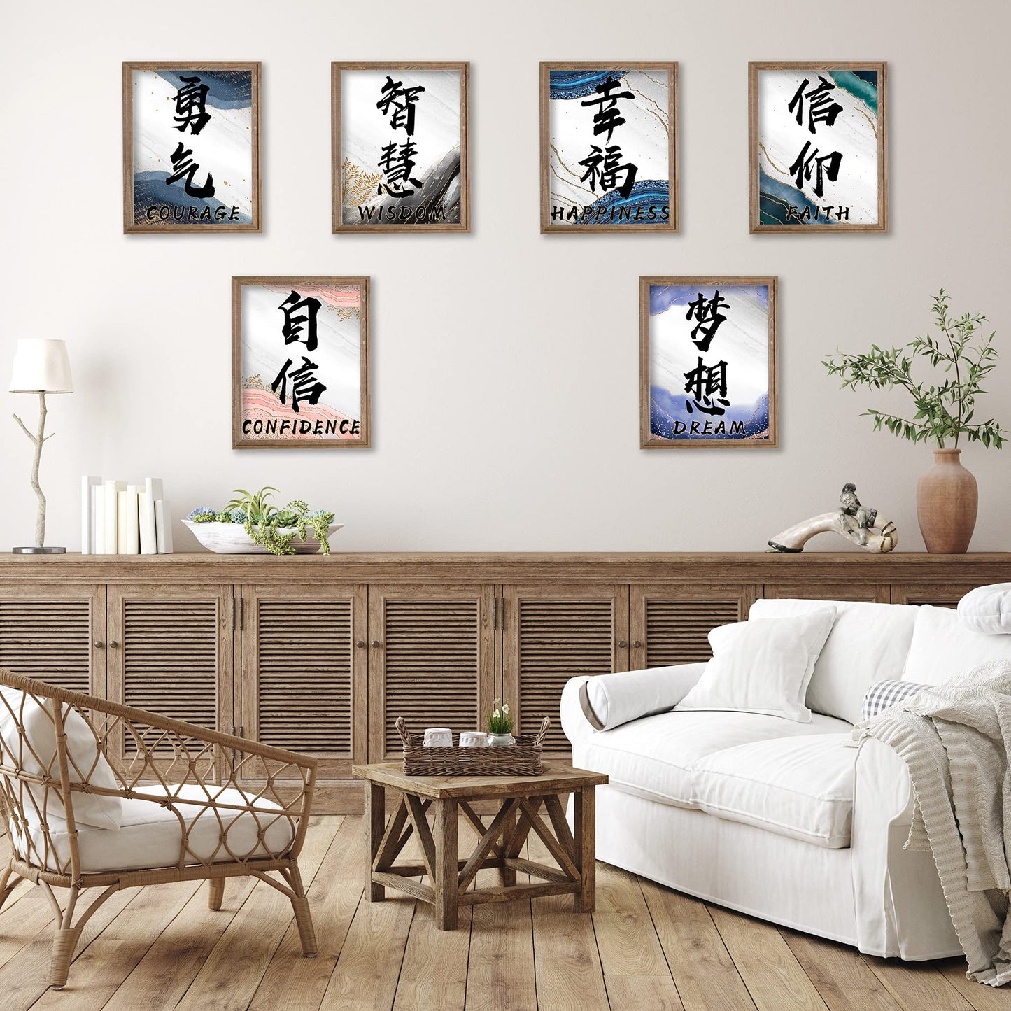 ETIUC 8x10in Chinese Calligraphy Wall Decor Prints Set of 6 Unframed Inspirational Quotes Wall Art Ccourage, Wisdom, Happiness, Faith, Confidence, Dream Poster Prints for Livingroom Bedroom Office