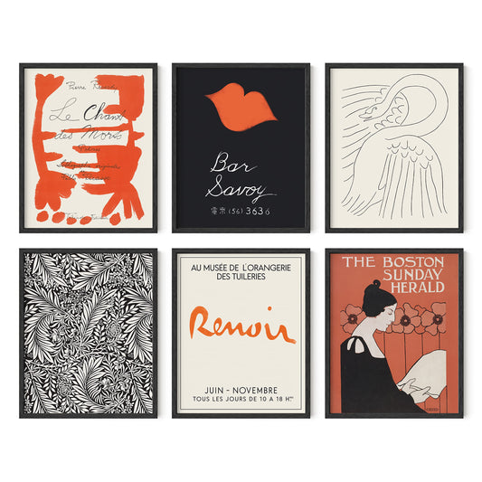 HAUS AND HUES Vintage Posters - Set of 6 Pictures Red and Black, Vintage Posters for Room Aesthetic, Vintage Prints for Wall Decor, Red Black White Painting, Matisse Prints, (8x10, Unframed)