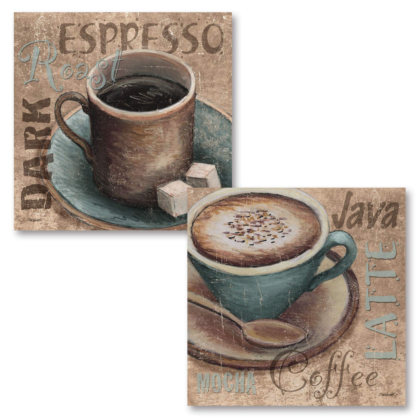 Popular Classic Coffee Espresso Java Dark Roast Signs; Kitchen Decor; Two 12x12in Poster Prints. Teal/Brown