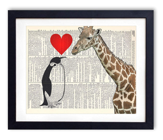 Giraffe And Penguin Love Vintage Dictionary Art Print, Antique Wall Art Home Decor, Modern Boho Poster, Farmhouse Decoration Living Room Bedroom Office 8x10 Inches, Ready To Frame