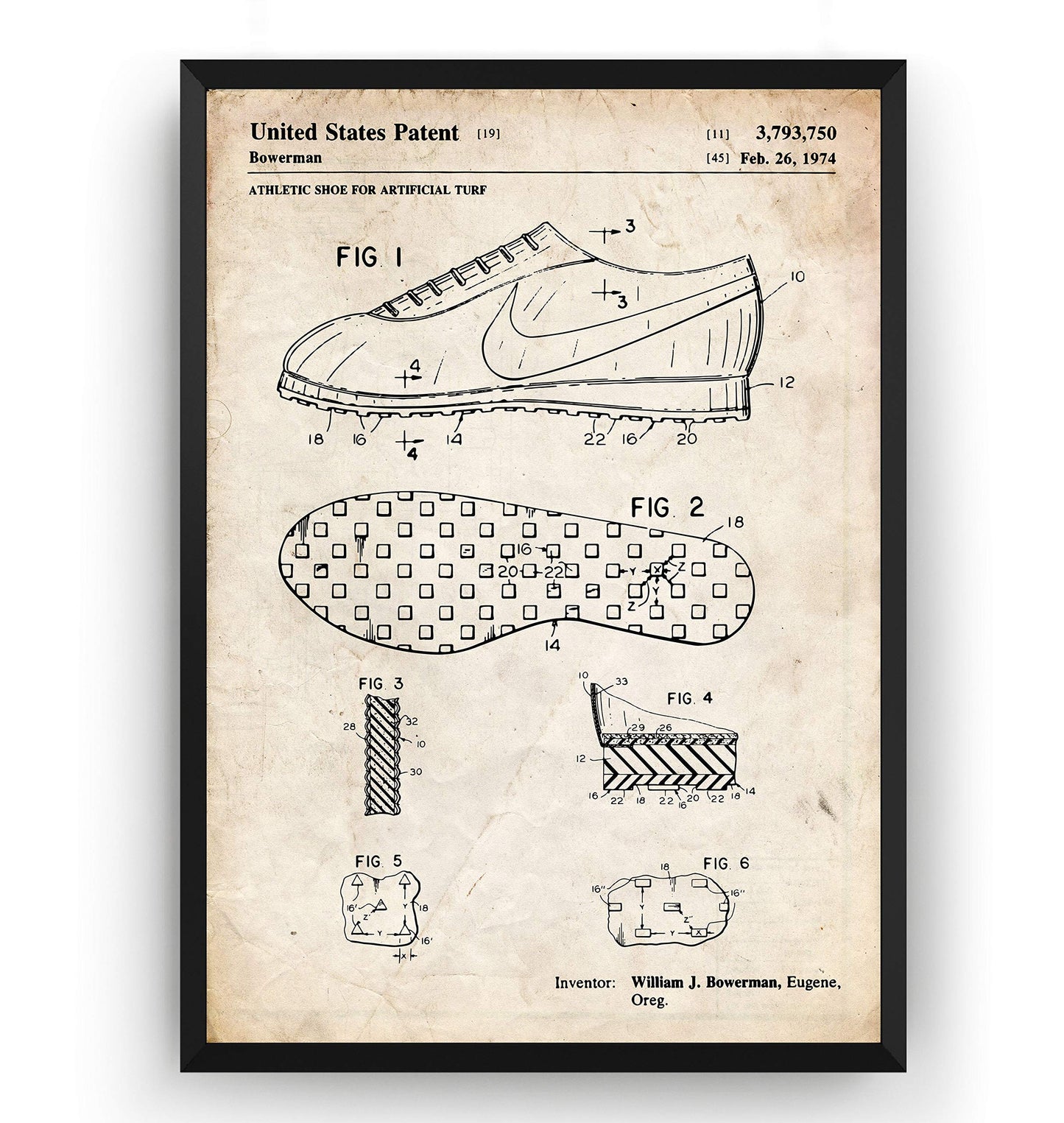 Magic Posters Athletic Shoe 1974 Patent Print - Track And Field Running Poster Giclee Art Wall Decor Vintage Blueprint Gift - Frame Not Included