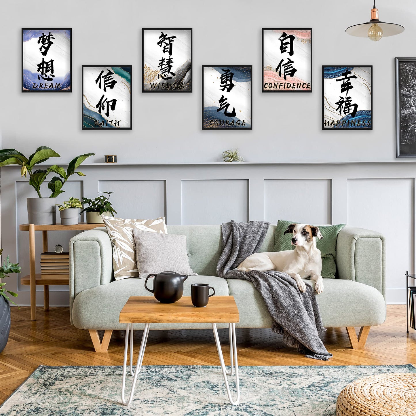 ETIUC 8x10in Chinese Calligraphy Wall Decor Prints Set of 6 Unframed Inspirational Quotes Wall Art Ccourage, Wisdom, Happiness, Faith, Confidence, Dream Poster Prints for Livingroom Bedroom Office