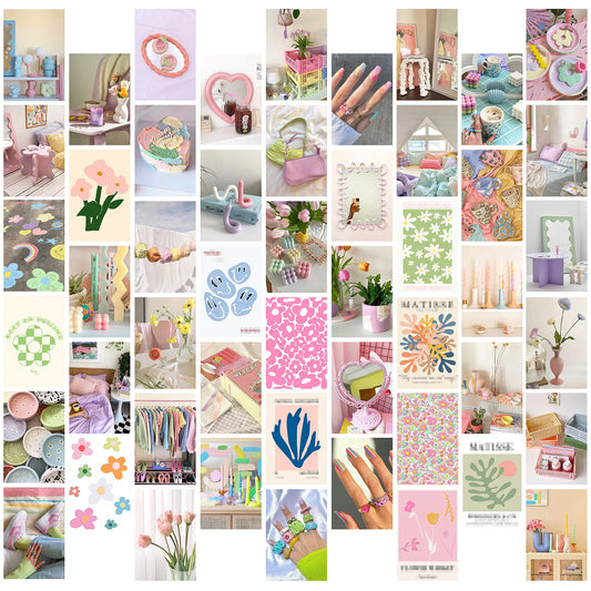 PANTIDE 50Pcs Danish Pastel Aesthetic Wall Collage, Pink Poster Photo Dorm Retro Colorful Trendy Cottagecore Wall Art Print Warm Color Pictures Collage Preppy Bedroom Decor for Teen Girls, 4x6 Inch