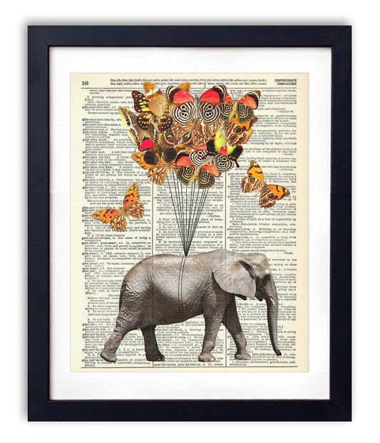 Elephant With Butterflies (#1) Vintage Dictionary Art Print, Antique Wall Art Home Decor, Modern Boho Poster, Farmhouse Decoration Living Room Bedroom Office 8x10 Inches, Ready To Frame