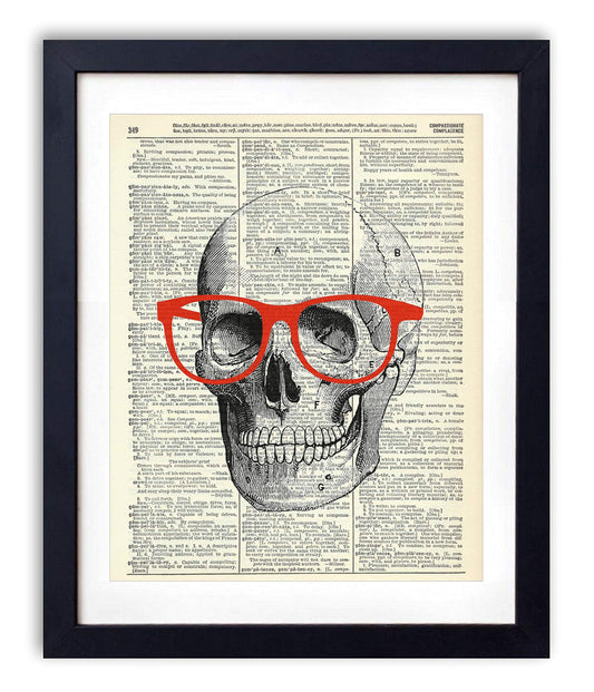 Skull, Skeleton Anatomy Vintage Dictionary Art Print, Modern Contemporary Wall Art for Home Decor, Boho Poster Sign 8x10 Inches, Unframed (Skull with Red Glasses)