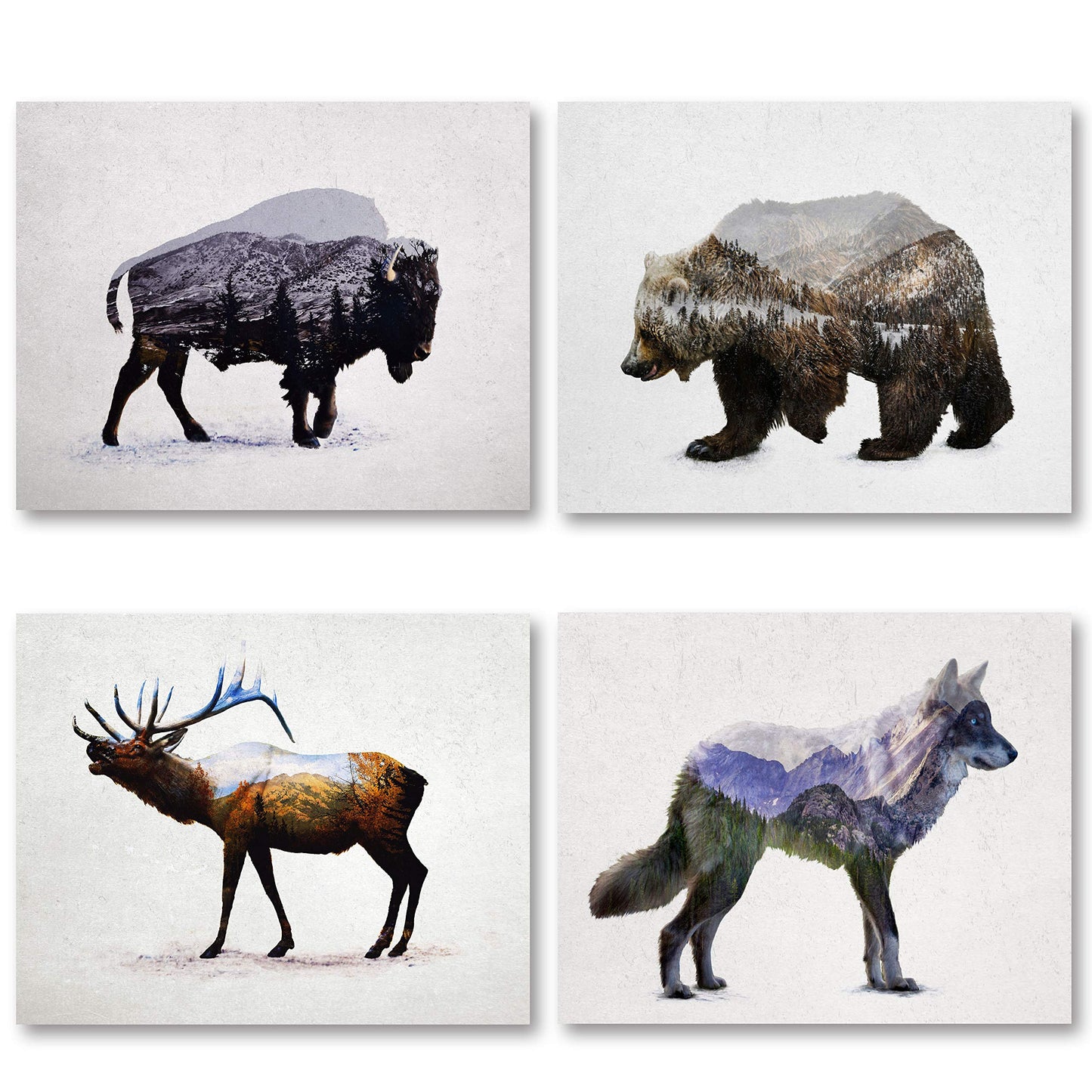 Gango Home Decor Rustic Elk, Bison, Wolf and Bear Landscape Set; Cabin Lodge Decor; Four 10x8in Unframed Poster Print