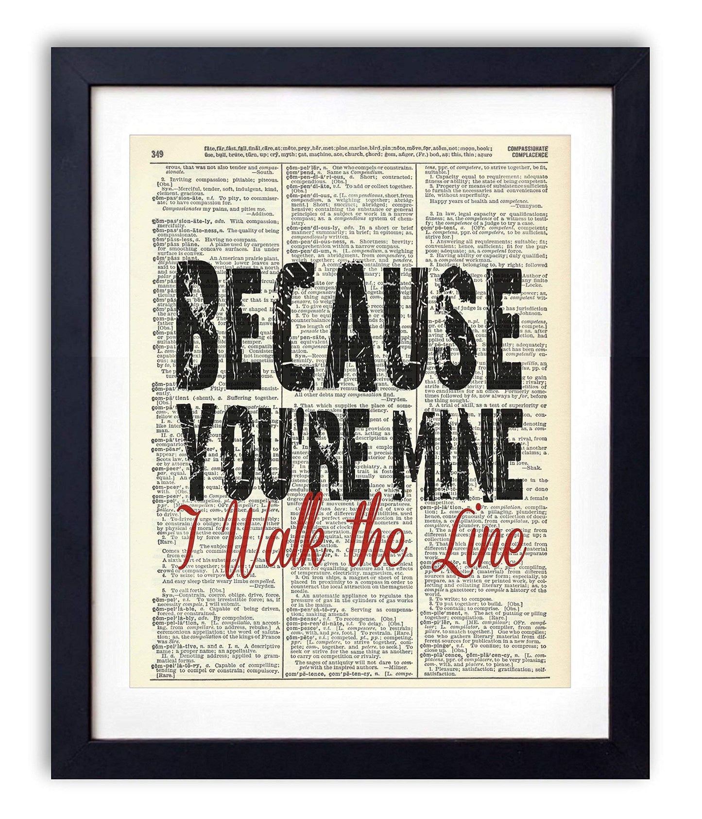 Because You're Mine I Walk The Line, Inspirational Quote Wall Art, Vintage Dictionary Art Print For Home Decor, Antique Art Print Poster, Country Boho Farmhouse Wall Decor 8x10 Inches, Ready to Frame