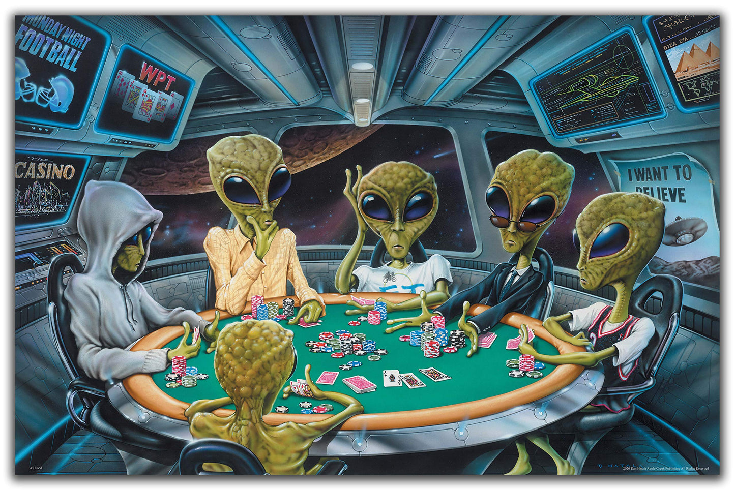 Apple Creek Area 51 Aliens Playing Poker 11"x17" Art Print Poster UFO Space Artwork Game Room Wall Decor
