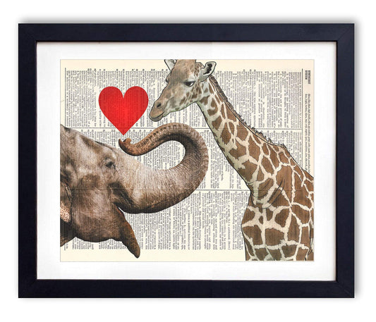 Giraffe And Elephant Love Vintage Vintage Dictionary Art Print, Antique Wall Art Home Decor, Modern Boho Poster, Farmhouse Decoration Living Room Bedroom Office 8x10 Inches, Ready To Frame