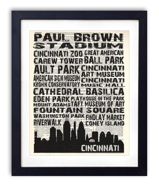 Cincinnati Landmarks Skyline and Typography, Vintage Dictionary Art Print, Antique Wall Art Home Decor, Boho Poster, Farmhouse Decoration Living Room Bedroom Office 8x10 Inches, Ready To Frame