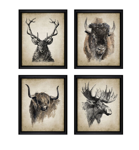 Batuba Design buffalo deer Wall Decor Poster Prints, Set of 4 FRAMELESS (8''x10''),Wild Animal Canvas Art Print American Highland Cow in Yellowstone National Park Picture Painting buffalo deer Wall