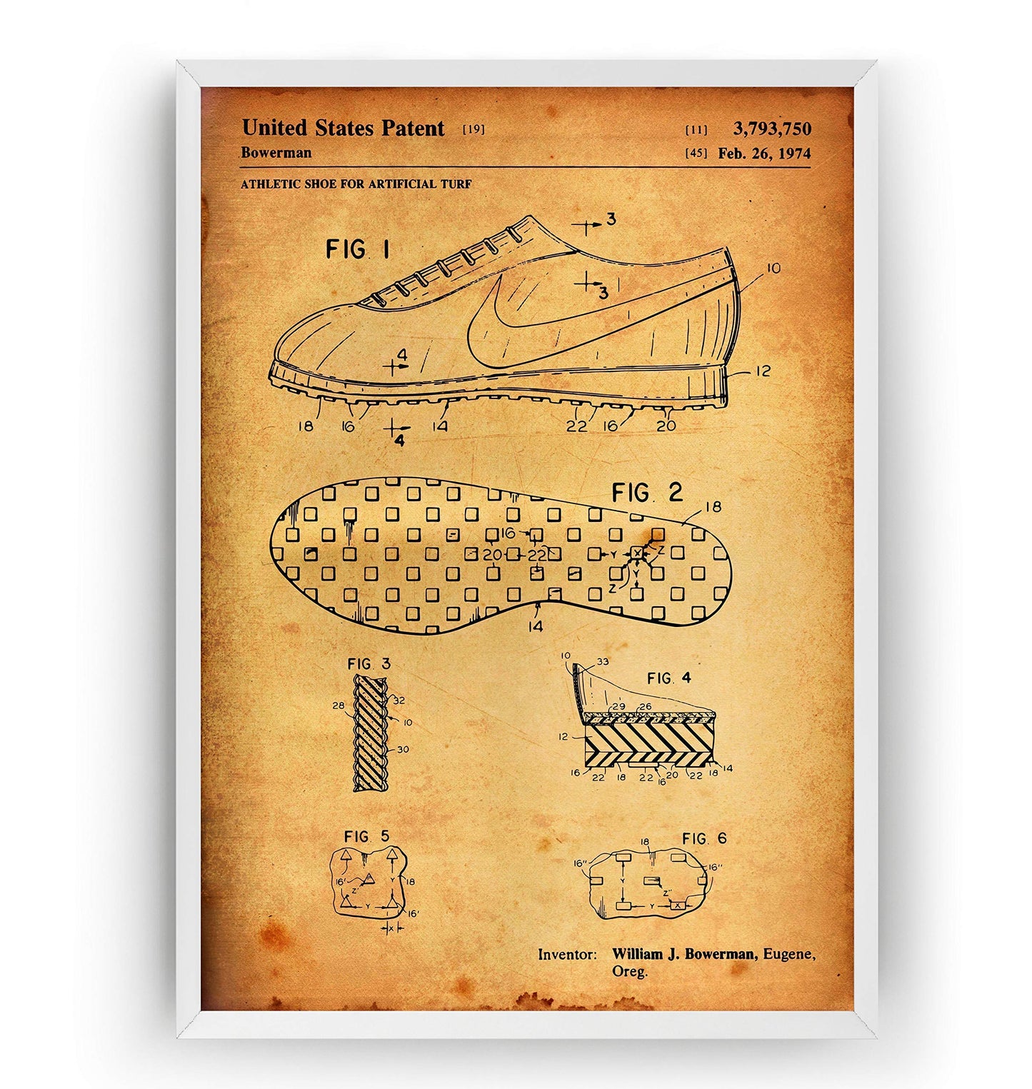 Magic Posters Athletic Shoe 1974 Patent Print - Track And Field Running Poster Giclee Art Wall Decor Vintage Blueprint Gift - Frame Not Included