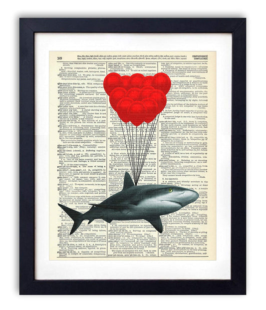 Shark With Balloons Vintage Dictionary Art Print, Antique Wall Art Home Decor, Modern Boho Poster, Farmhouse Decoration Living Room Bedroom Office 8x10 Inches, Ready To Frame