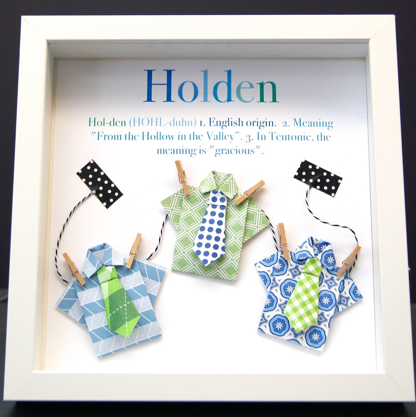 Personalized Name Origin and Meaning Baby Gift Paper Origami Shadowbox Frame with Shirts and Ties Custom Newborn Baby Shower Boy Gift